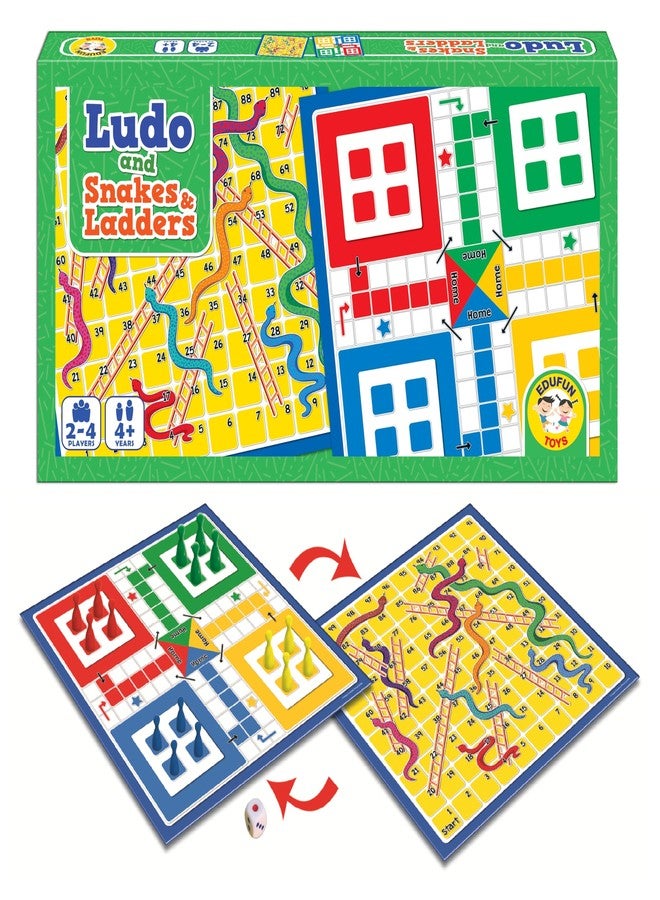Edufun Toys Ludo and Snakes & Ladders Board Game for Kids | 2 in 1 Double Sided Game Set | Indoor Family Game for 2-4 Players | Age 4+ | Durable & Portable